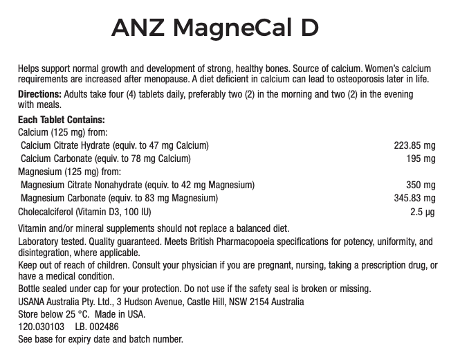 ANZ USANA MagneCal D Supplement Facts