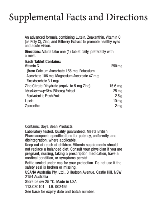 USANA Visionex Supplement Facts