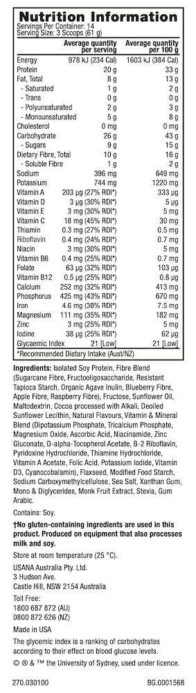 ANZ USANA Chocolate Active Soy Supplement Facts