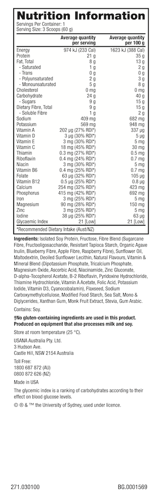 ANZ USANA Active Soy Vanilla Supplement Facts