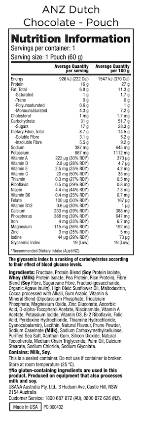 ANZ USANA Chocolate Nutrimeal Supplement Facts