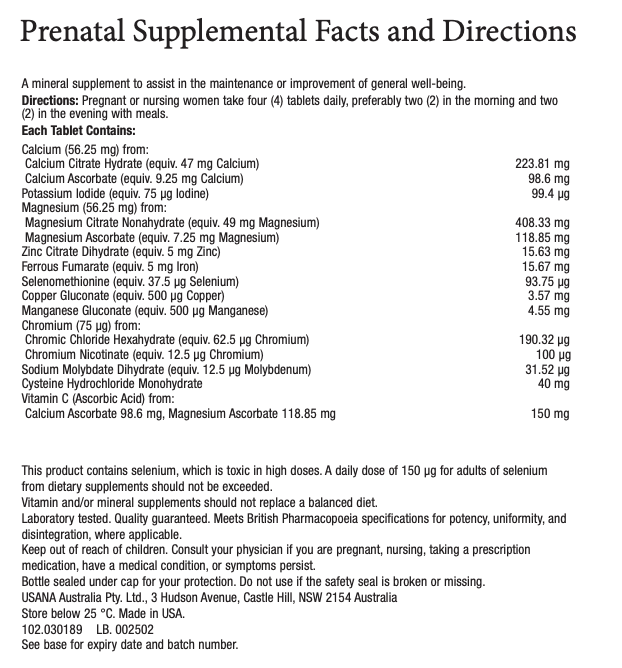 ANZ USANA Core Minerals Supplement Facts