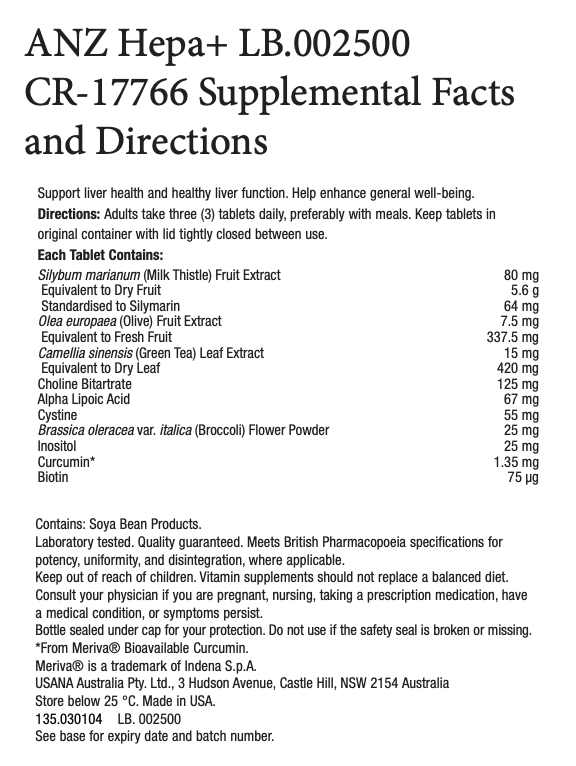 ANZ USANA Hepa Plus Supplement Facts