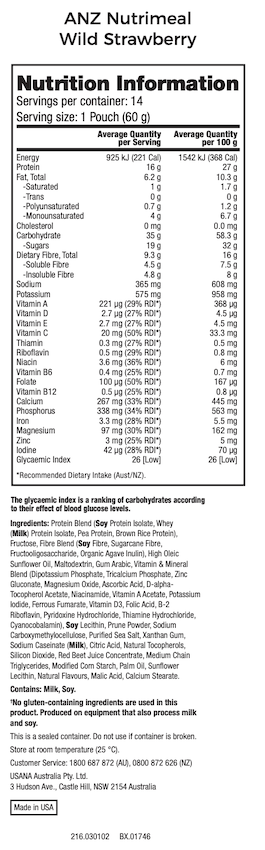 ANZ USANA Strawberry Nutrimeal Supplement Facts