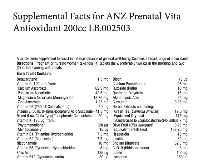 ANZ USANA Vita Antioxidant Supplement Facts