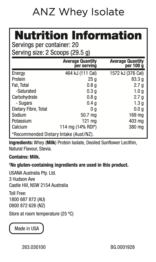 ANZ USANA Whey Protein Isolate Supplement Facts